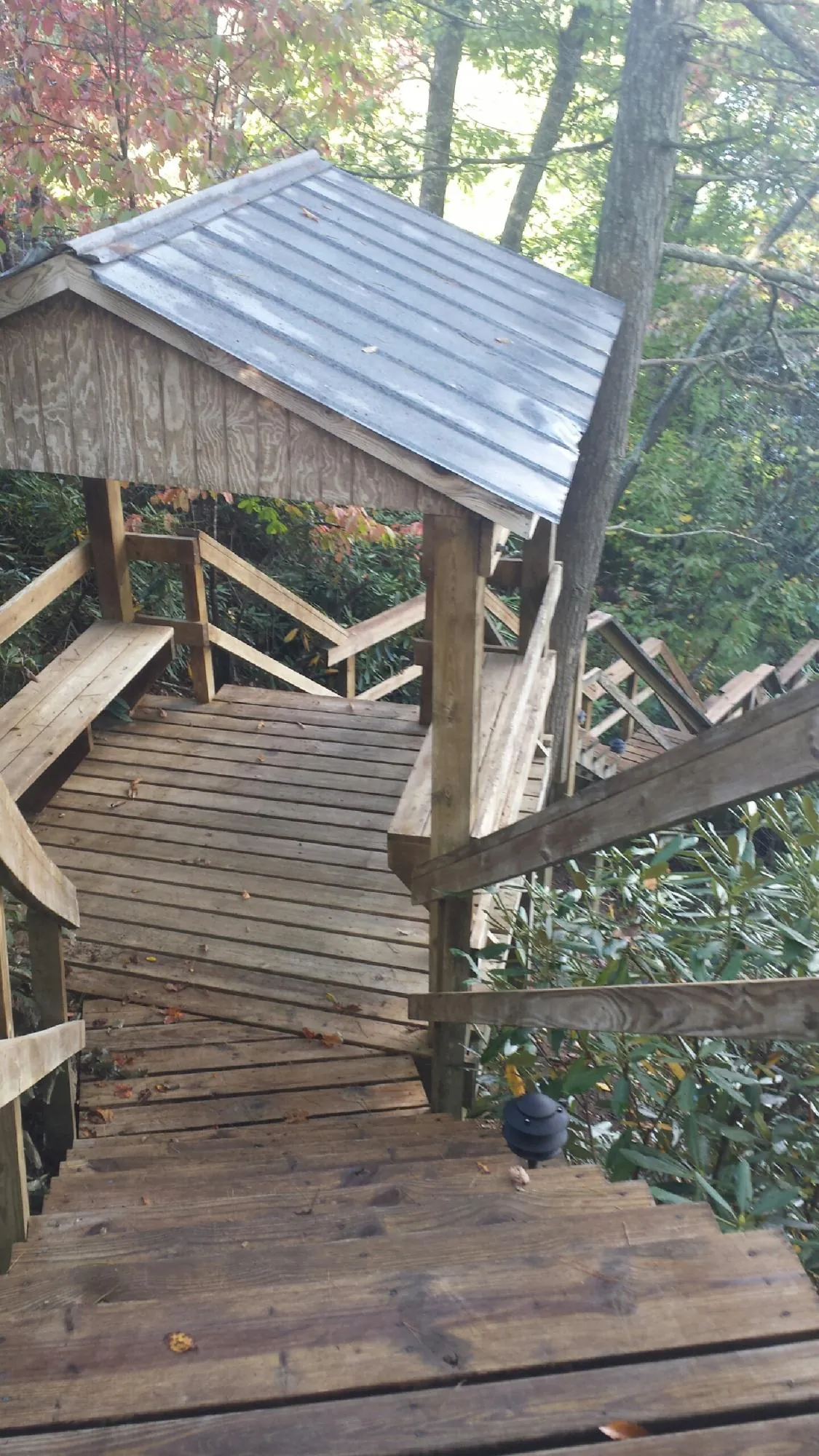 Metal roofed shelter over wooden steps on a wooded walkway — Skylight Repair & Installation work by our crew in Buffalo Mills